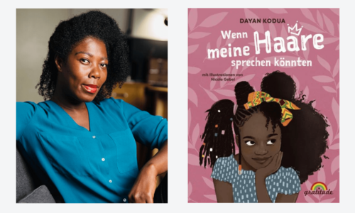 Portrait Dayan Kodua und Buchcover "Wenn meine Haare sprechen könnten"