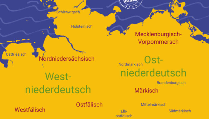 Landkarte von Norddeutschland mit Bezeichnungen der unterschiedlichen plattdeutschen Sprachen
