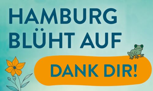 Hamburg blüht auf, Dank dir! in blauer und orangener Farbe und Schrift.