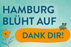 Hamburg blüht auf, Dank dir! in blauer und orangener Farbe und Schrift.