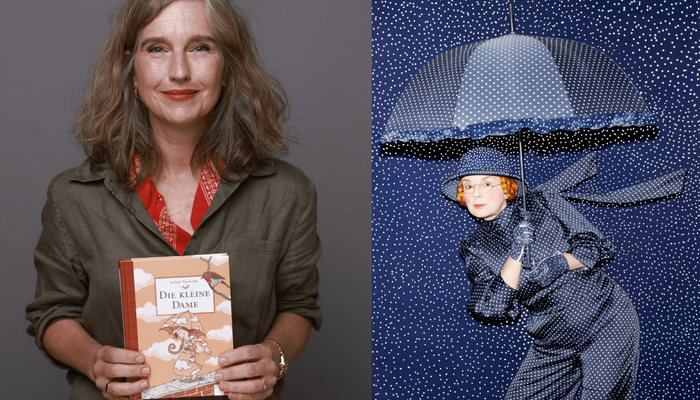 Eine Bildcollage aus zwei Bildern: auf der linken Seite ist die Autorin Stefanie Taschinski mit ihrem Kinderbuch "Die kleine Dame" zu sehen. Auf der rechten Seite sieht man die Theaterdarstellerin des auf die Bühne gebrachten Kinderbuches.