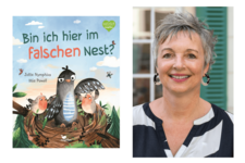 Buchcover "Bin ich hier im falschen Nest?" und Portrait Jutta Nymphius