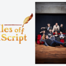 Rechts: Logo "Tales off the Skript". Links: Gruppenfoto auf einem roten Sofa.