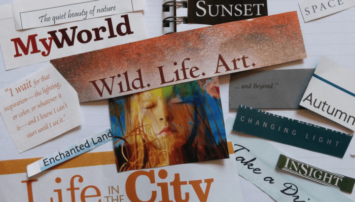 Collage aus Textschnipseln und Bildern