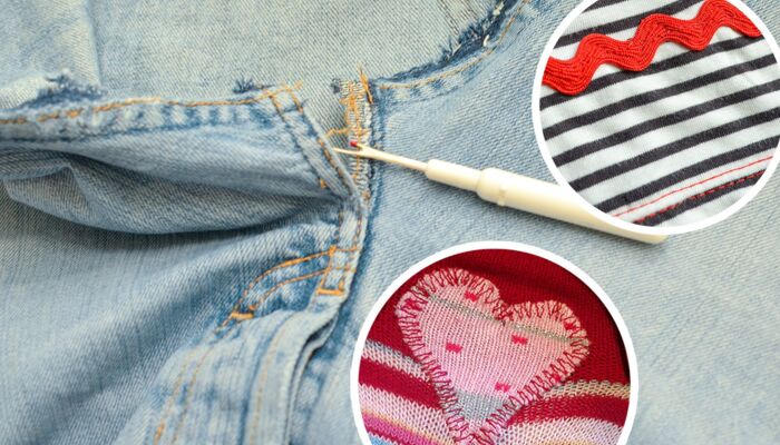 aufgetrennte Jeans und Pullover mit Herz-Flicken