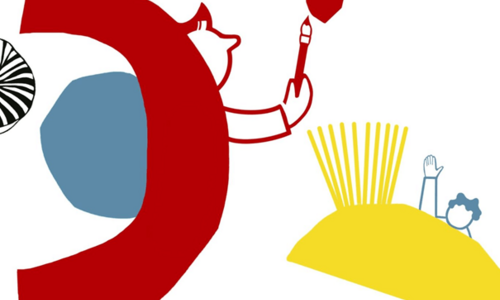 abstrakte Sticker in gelb, rot und grau