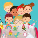 Illustration: Kinder und Figuren wie Elfen, Einhorn und mehr