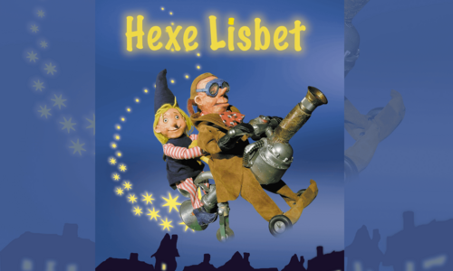 Plakat mit zwei Figuren (eine Hexe und ein Mann) auf einem fliegenden Besen; Überschrift "Hexe Lisbet"