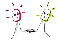 Eine comichafte Zeichnung stellt dar, wie ein Teil mit rotem und ein Teil mit grünem fröhlichem Gesicht miteinander verbunden sind
