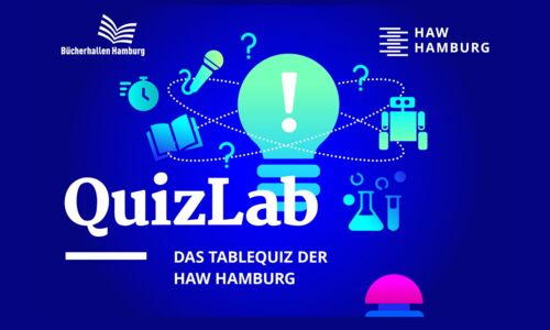 "QuizLab" Das Tablequiz der HAW Hamburg und das Logo der Bücherhallen Hamburg und der HAW.