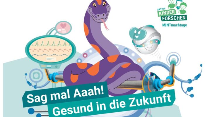 Grafik von einer lila Schlange umgeben von Technik. Text: "Sag mal Aah! Gesund in die Zukunft".