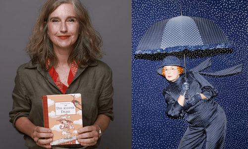 Eine Bildcollage aus zwei Bildern: auf der linken Seite ist die Autorin Stefanie Taschinski mit ihrem Kinderbuch "Die kleine Dame" zu sehen. Auf der rechten Seite sieht man die Theaterdarstellerin des auf die Bühne gebrachten Kinderbuches.