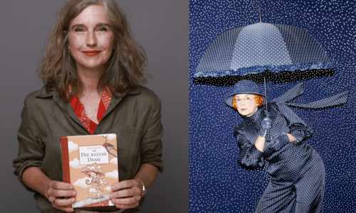 Eine Bildcollage aus zwei Bildern: auf der linken Seite ist die Autorin Stefanie Taschinski mit ihrem Kinderbuch "Die kleine Dame" zu sehen. Auf der rechten Seite sieht man die Theaterdarstellerin des auf die Bühne gebrachten Kinderbuches.