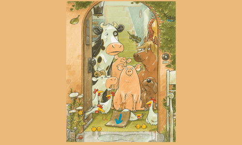 Illustration von Einer Kuh (Lieselotte) mit weiteren Tieren, die in einem Hauseingang stehen und draußen den Regen anschauen.