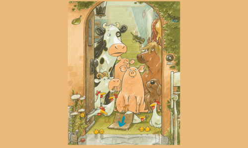 Illustration von Einer Kuh (Lieselotte) mit weiteren Tieren, die in einem Hauseingang stehen und draußen den Regen anschauen.