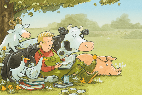Illustration von Bauernhoftieren und einer Frau, die ein Buch vorliest.