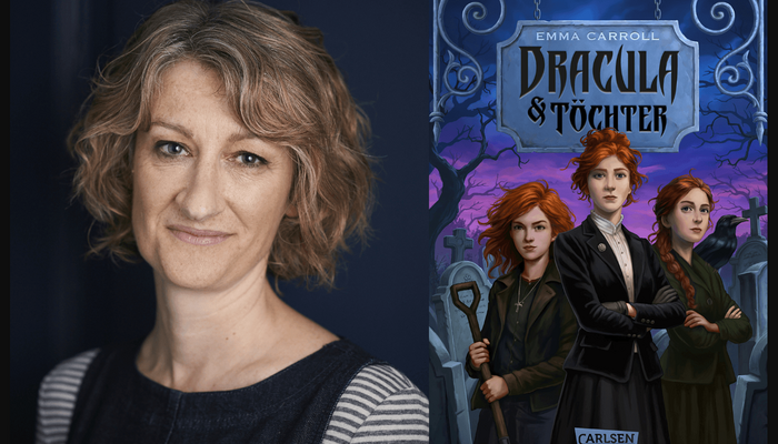 Eine Collage: links ist ein Foto der Autorin Emma Carroll zu sehen, auf dem sie lächelnd in die Kamera blickt. Rechts das Cover ihres Kinderromans "Dracula und Toechter".".