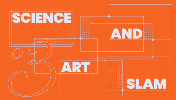 orangenes Bild auf dem Science And Art Slam steht, auseinander gezogen und mit geomtrischen Figuren