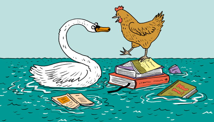Comiczeichnung, ein Huhn steht auf einem Stapel Bücher, ein Schwan schwimmt daneben
