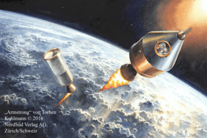 Illustration einer Maus, die in einer Rakete zum Mond fliegt