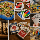 Collage aus verschiedenen Karten und Brettspielen