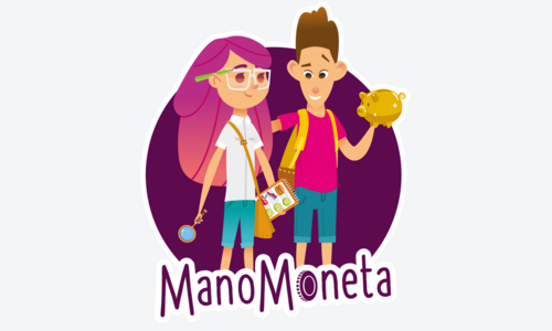 Illustration zwei Kinder und Text "Mano Moneta"