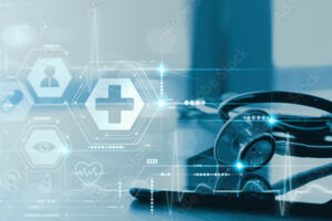 Fotos eines Stethoskop mit Abbildungen von Gesundheitspiktogrammen