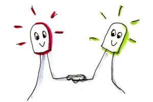 Eine comichafte Zeichnung stellt dar, wie ein Teil mit rotem und ein Teil mit grünem fröhlichem Gesicht miteinander verbunden sind