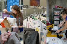 Foto zeigt mehrere Bereiche aus der Mode, z.B. eine Frau an der Nähmaschine, eine nähende Hand, ausgestellte Kleidungsstücke zum Tauschen