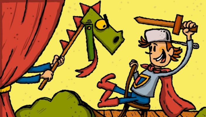 Ein kleiner Ritter sitzt auf einem Stuhl und kämpft mit einem Schwert gegen einen Drachen.