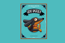 Buchcover "Graf Dackula". Zu sehen ist ein Dackel mit Vampir-Zähnen vor einen blauem Hintergrund.