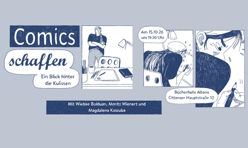 Comic-Zeichnung in blau und weiß.