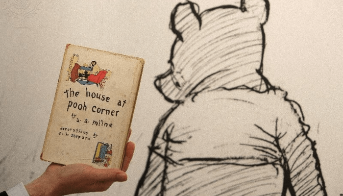 Gezeichneter Winnie Pu und eine Hand, die ein altes Winnie Pu Buch hält