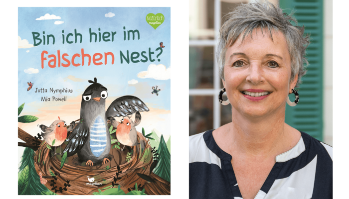 Buchcover "Bin ich hier im falschen Nest?" und Portrait Jutta Nymphius