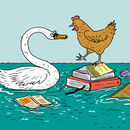 Comiczeichnung, ein Huhn steht auf einem Stapel Bücher, ein Schwan schwimmt daneben