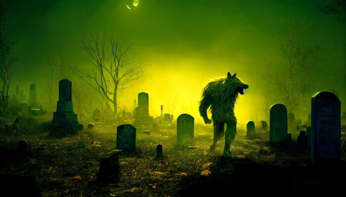 Ein Werwolf läuft bei Nacht über einen Friedhof
