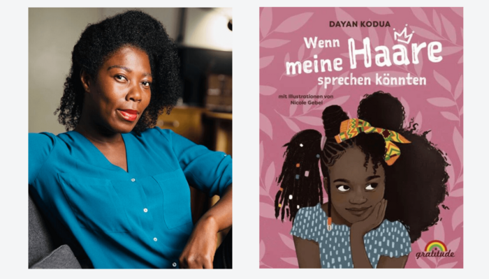 Portrait Dayan Kodua und Buchcover "Wenn meine Haare sprechen könnten"
