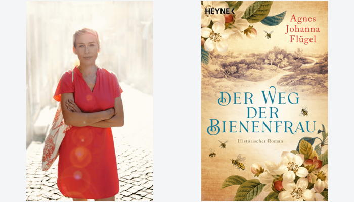 Portrait Agnes Johanna Flügel und Buchcover "Der Weg der Bienenfrau"