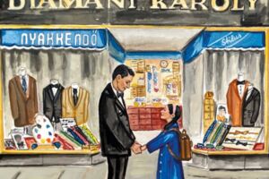 Gezeichnetes Buchcover, ein Mann und ein Mädchen halten sich an den Händen