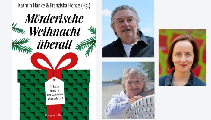Buchcover "Mörderische Weihnacht überall" und drei Autoren: Franziska Henze, Heike Denzau, Manfred Ertel