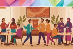 fröhliche Partygesellschaft in warmen und freundlichen Farbtönen