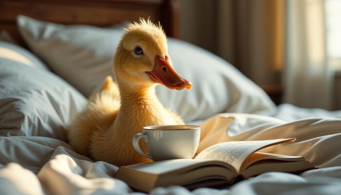 junge Ente liest ein Buch im kuscheligen Bett