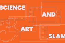 orangenes Bild auf dem Science And Art Slam steht, auseinander gezogen und mit geomtrischen Figuren