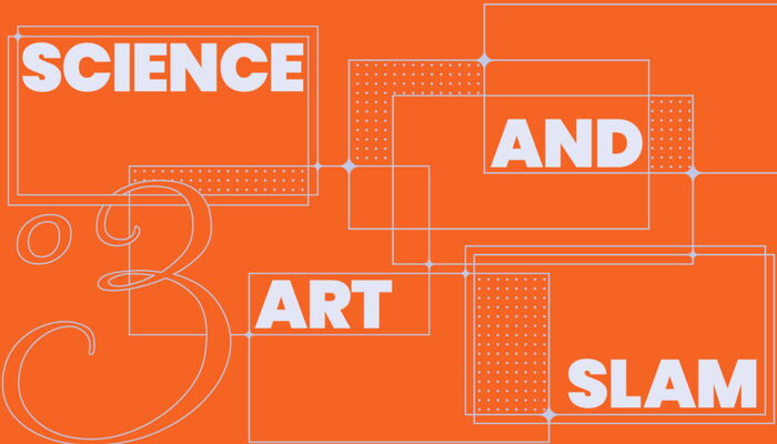 orangenes Bild auf dem Science And Art Slam steht, auseinander gezogen und mit geomtrischen Figuren