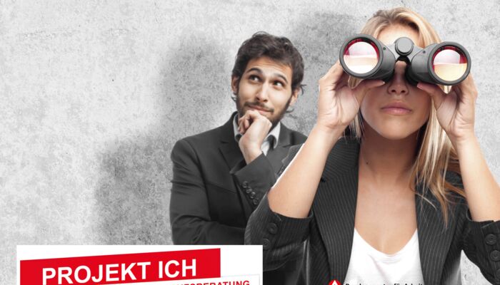 Mann und Frau mit Fernglas, Schriftzug Lebensbegleitende Berufsberatung
