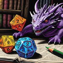 Zeichnung eines Drachen mit Würfeln