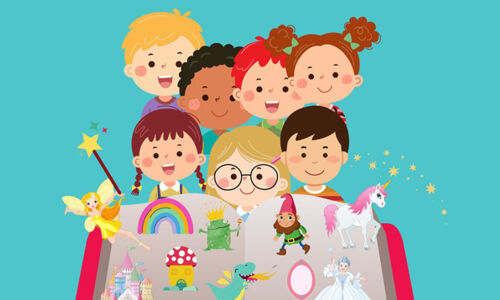 Illustration: Kinder und Figuren wie Elfen, Einhorn und mehr