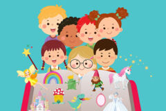Illustration: Kinder und Figuren wie Elfen, Einhorn und mehr