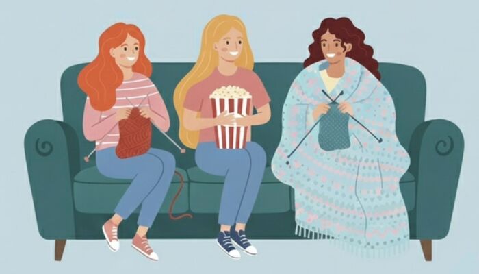 Personen sitzen auf dem Sofa und stricken.