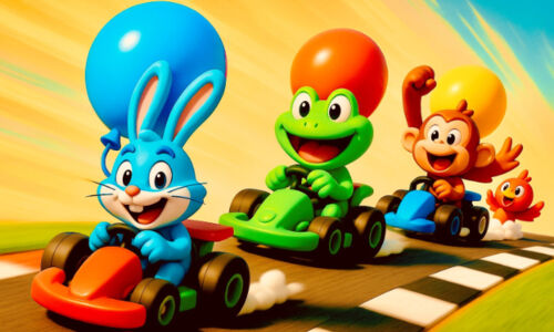 3 Cartoonfiguren fahren Rennautos